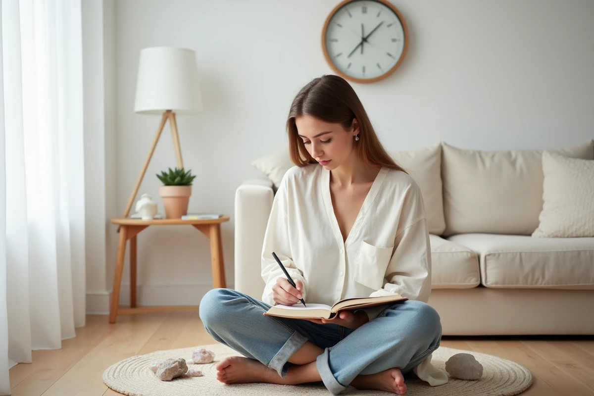 Jeune femme écrivant dans son journal entourée de cristaux avec une horloge affichant 11h22 en arrière-plan, évoquant la spiritualité et la numérologie