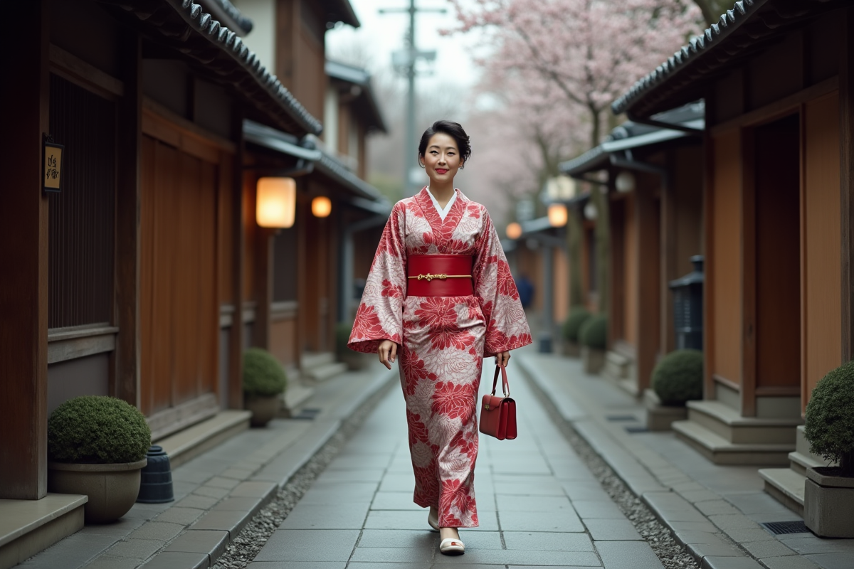 Femme japonaise en kimono dans une rue de Kyoto au printemps