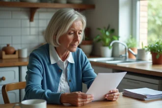 Femme d'âge moyen lisant une lettre dans une cuisine chaleureuse