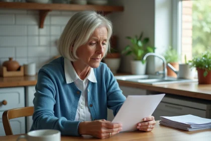 Femme d'&acirc;ge moyen lisant une lettre dans une cuisine chaleureuse