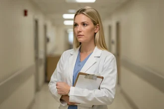 Femme médecin en blouse blanche dans un couloir d'hôpital, évoquant le personnage de Cameron de la série Dr House