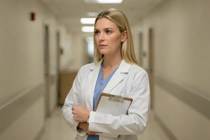 Femme médecin en blouse blanche dans un couloir d'hôpital, évoquant le personnage de Cameron de la série Dr House