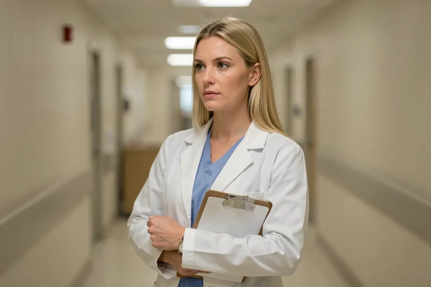 Femme médecin en blouse blanche dans un couloir d'hôpital, évoquant le personnage de Cameron de la série Dr House