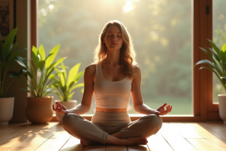 Jeune femme méditant près d'une fenêtre ensoleillée avec des plantes