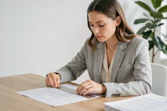 Femme mesurant une feuille A4 avec une règle métallique sur un bureau en bois, mise en page précise de document