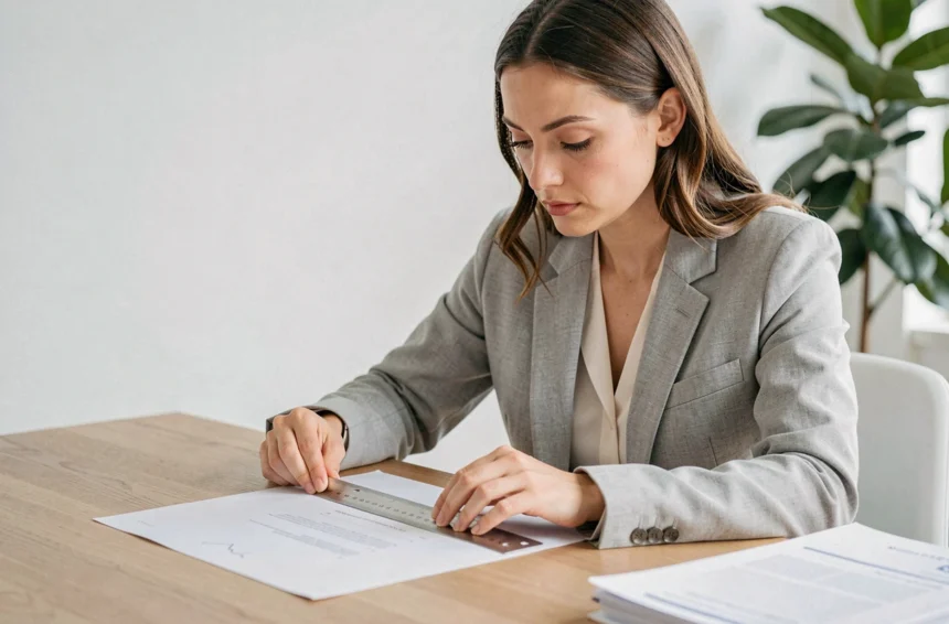 Femme mesurant une feuille A4 avec une règle métallique sur un bureau en bois, mise en page précise de document
