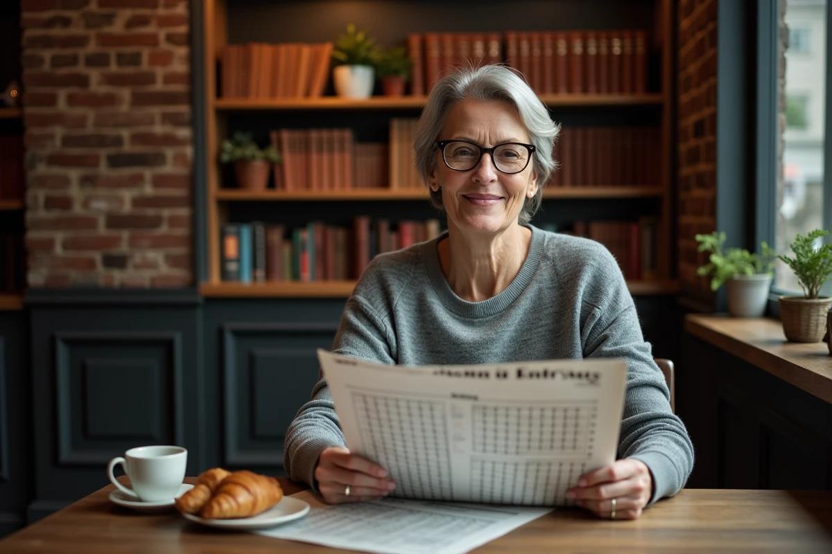 Femme résolvant des mots croisés dans un journal français dans un café belge cosy avec des murs en briques et des étagères de livres