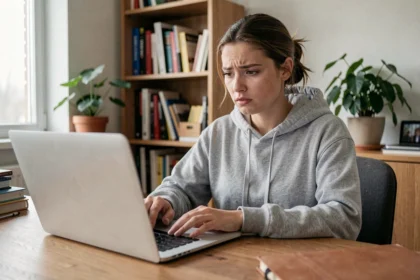 Jeune femme inquiète regardant son ordinateur portable en cherchant à éviter les sites dangereux de scan de manga