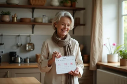 Femme d'&acirc;ge moyen avec calendrier dans la cuisine lumineuse