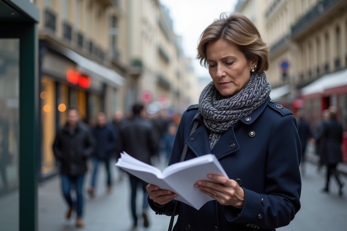 Femme française dans un trench à Paris lors d'une journée urbaine
