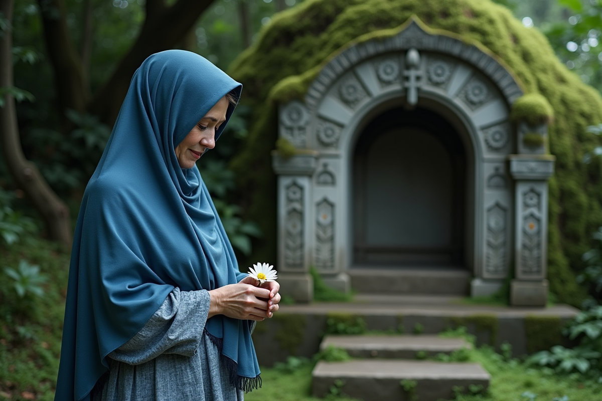 Femme déposant une fleur sur un autel en forêt