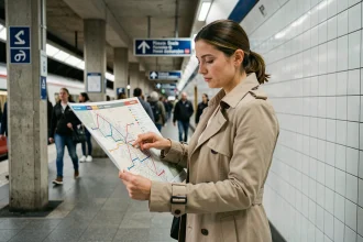Femme consultant un plan du RER de Paris sur le quai d'une station