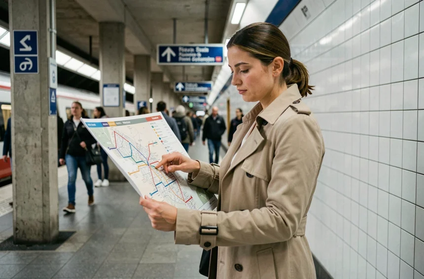 Femme consultant un plan du RER de Paris sur le quai d'une station