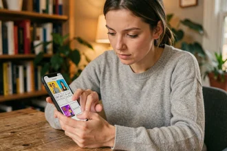 Femme concentrée résolvant une énigme journalière du jeu 4 images 1 mot à 9 lettres sur son smartphone