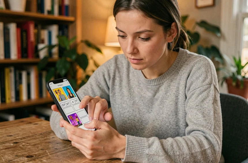Femme concentrée résolvant une énigme journalière du jeu 4 images 1 mot à 9 lettres sur son smartphone