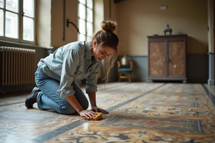 Femme en denim et lin restaurent un carrelage ancien