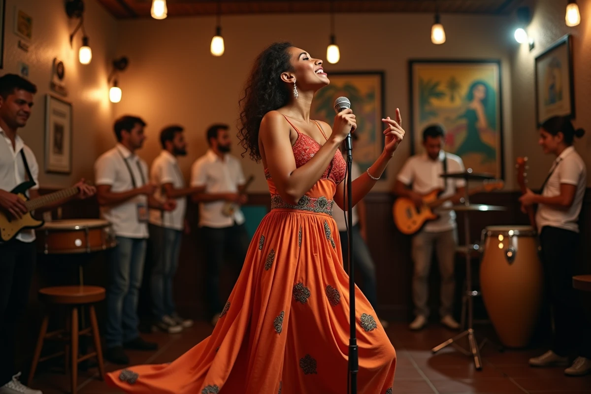 Femme chanteuse samba en mouvement dans un club intérieur