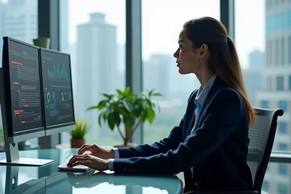 Femme confiante analysant des données de cybersécurité au bureau