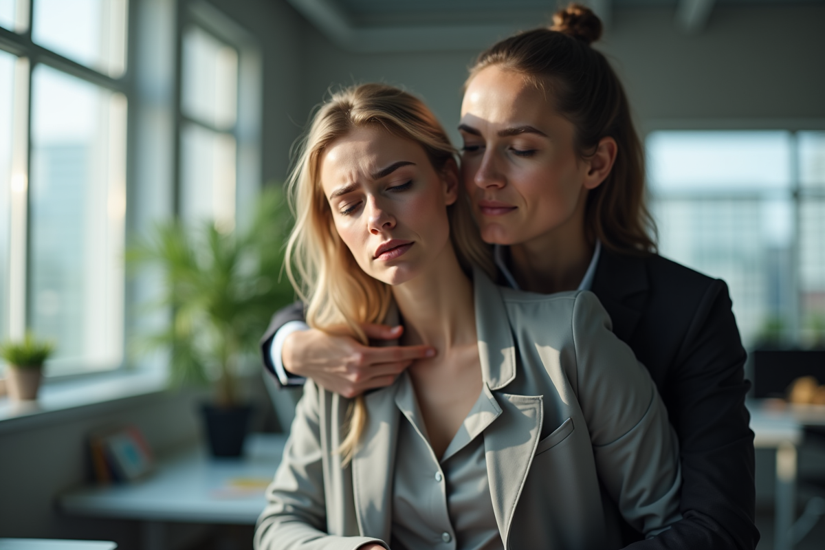 Jeune femme au bureau se sentant faible soutenue par un collègue