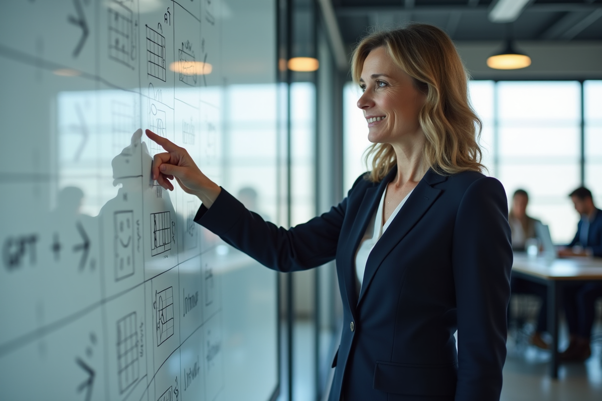 Femme en réunion pointant un diagramme AI sur whiteboard