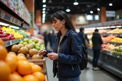 Femme regardant des produits frais dans un supermarche basque