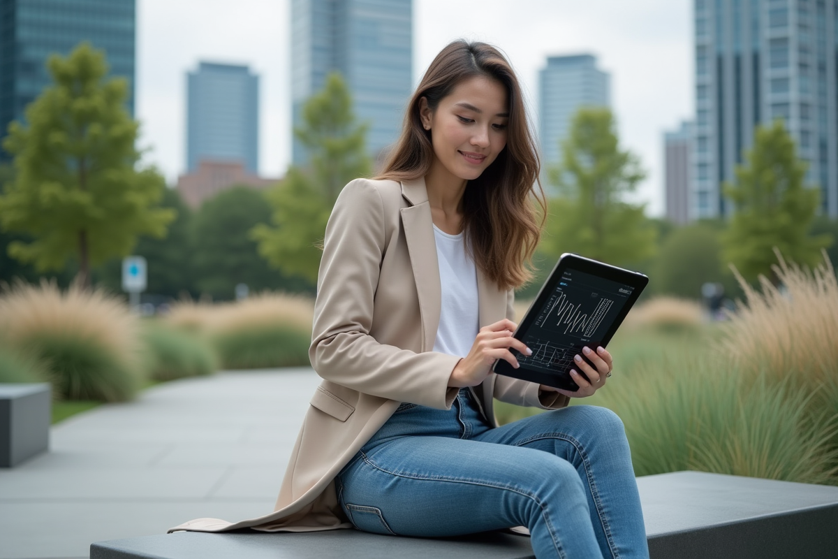 Jeune femme tenant une tablette avec graphiques quantiques