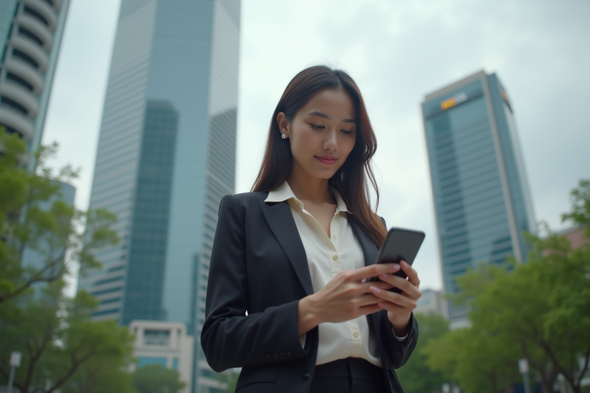 Jeune femme dans un quartier financier urbain