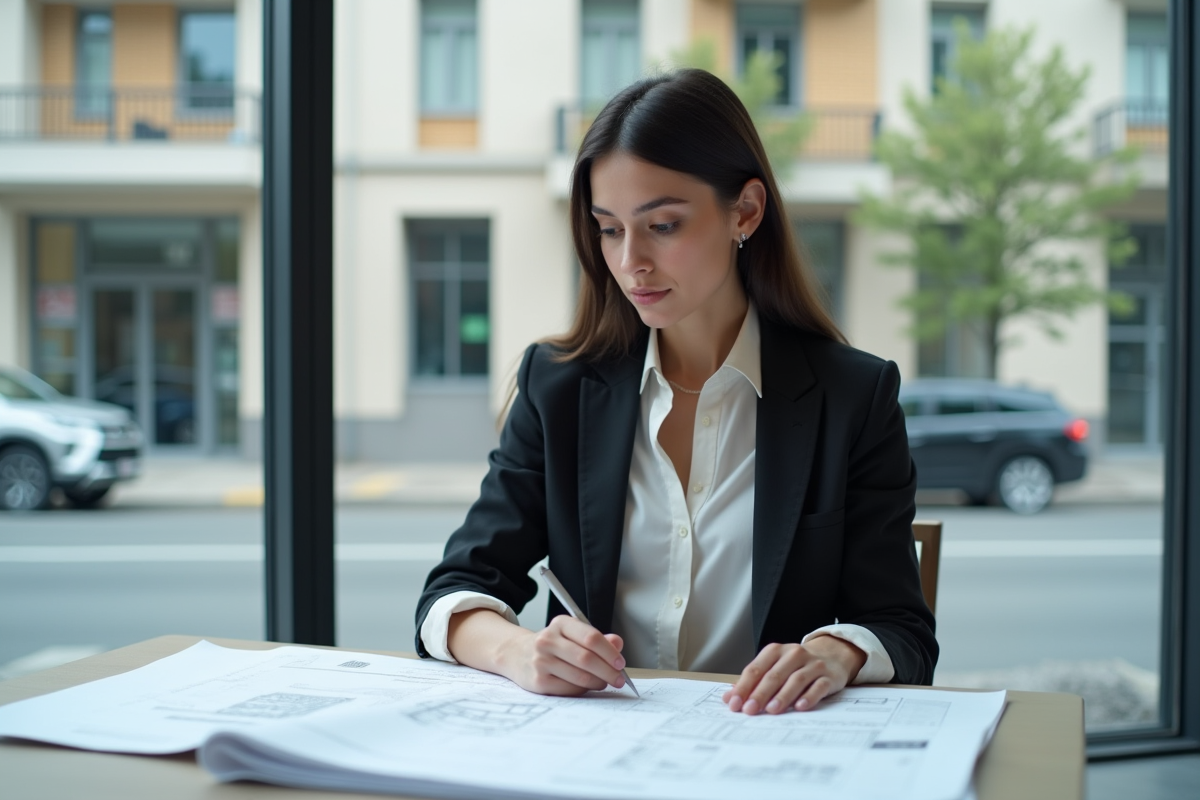 Jeune femme étudiant des plans d urbanisme dans un bureau moderne