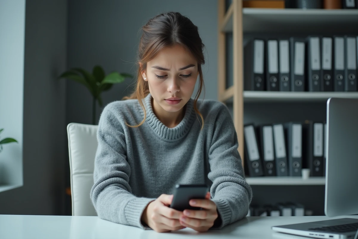 Jeune femme vérifiant un numéro de téléphone surtaxé sur son smartphone depuis un bureau à domicile