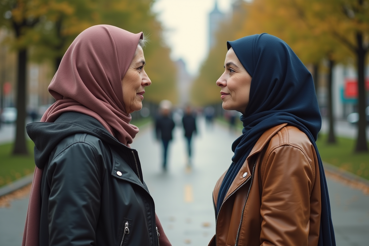 Deux femmes de cultures différentes discutant dans un parc urbain