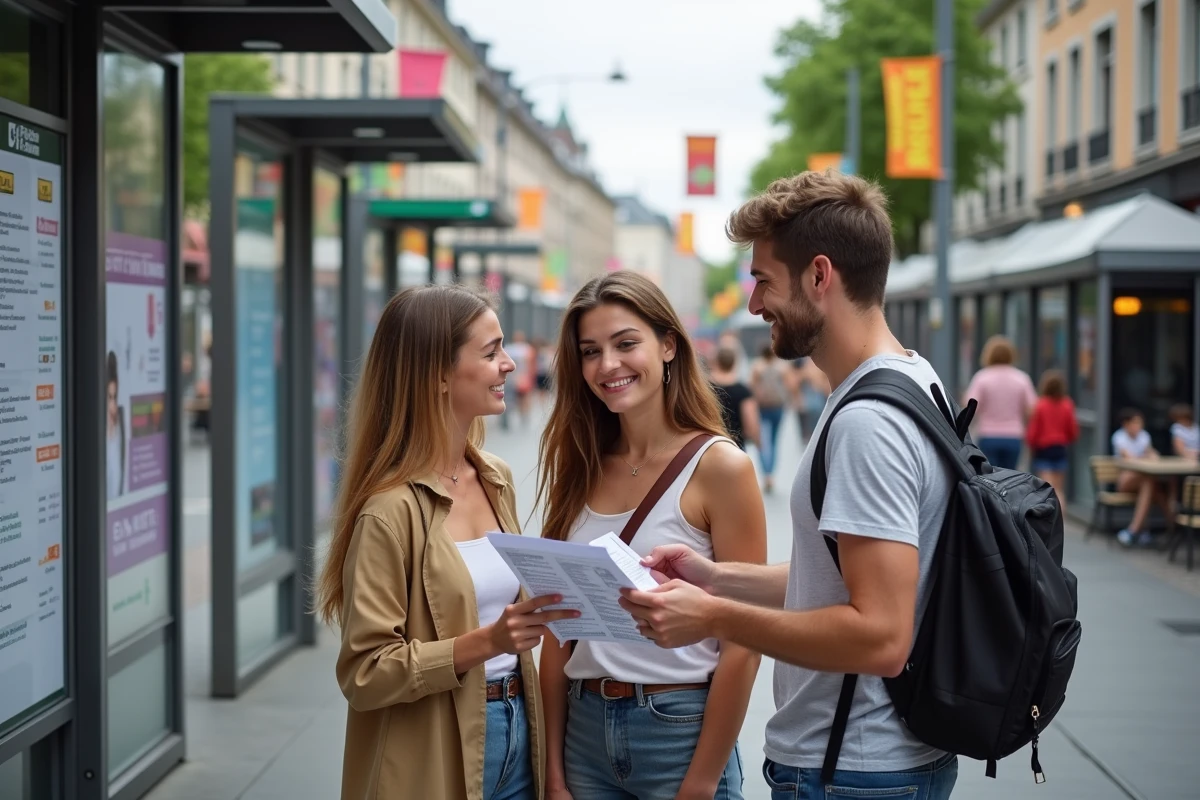Groupe de festivaliers consultant les horaires et le programme de la Fête de la Musique à un arrêt de tram de Strasbourg