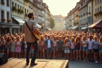 Guitariste sur scène lors de la Fête de la Musique à Strasbourg devant une foule de spectateurs dans le quartier de la Petite France