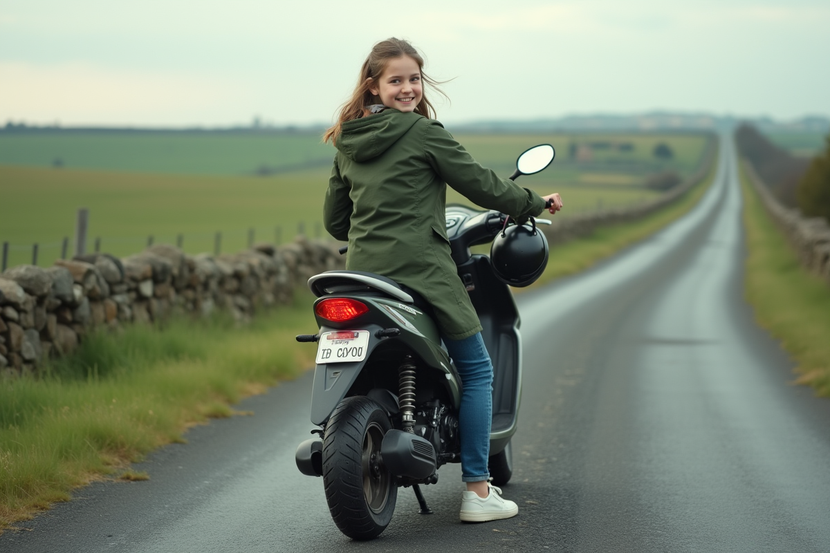 Fille en moto dans un paysage rural