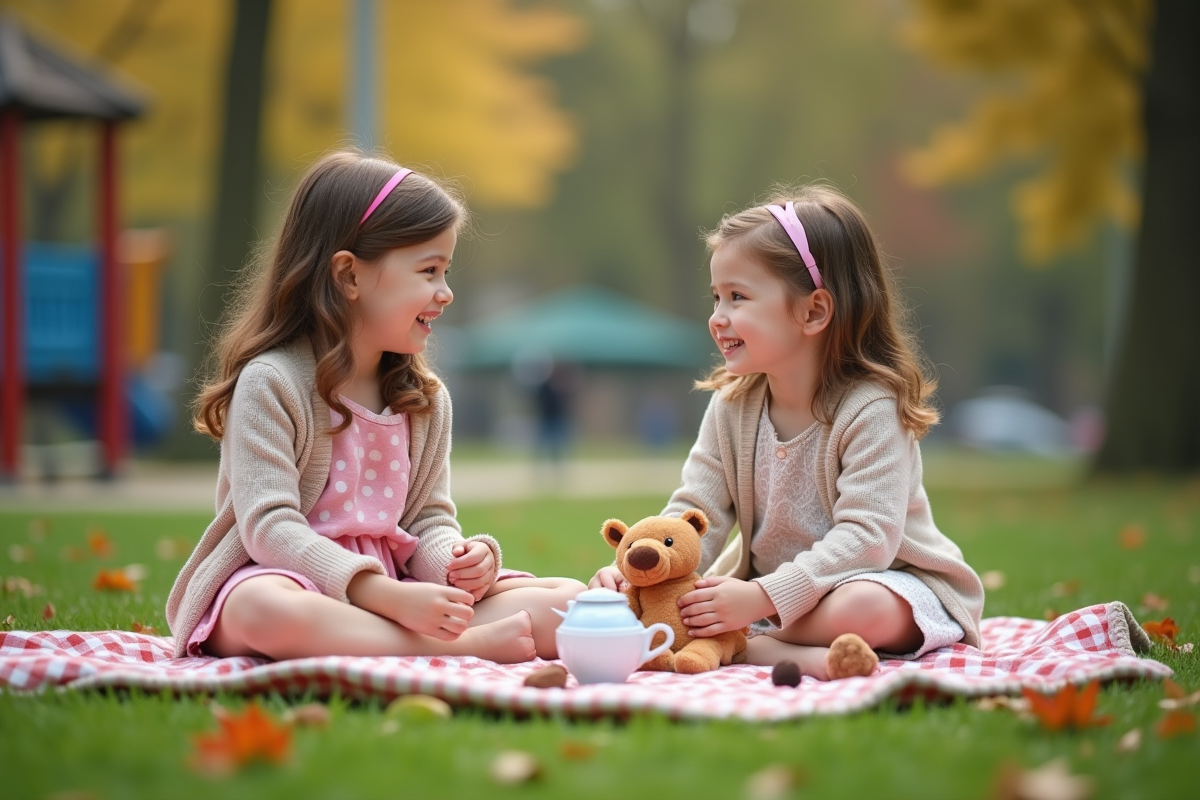 Deux filles jouant à la poupée dans un parc urbain