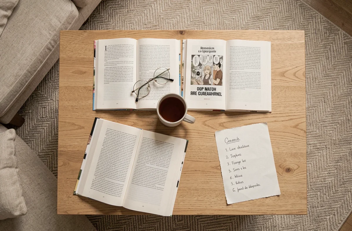 Flat-lay de mangas en français ouverts sur une table basse avec une tasse de thé et des notes de lecture