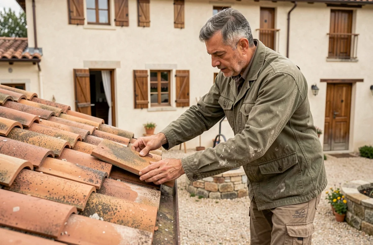 Artisan de Gasperoni SAS remplaçant des tuiles romaines en terre cuite sur une ferme lorraine rénovée