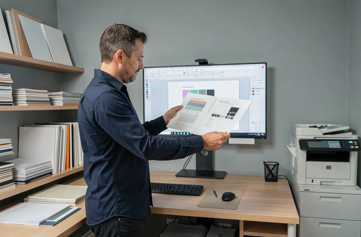 Graphiste comparant un document A4 imprimé avec sa mise en page sur écran dans un studio professionnel
