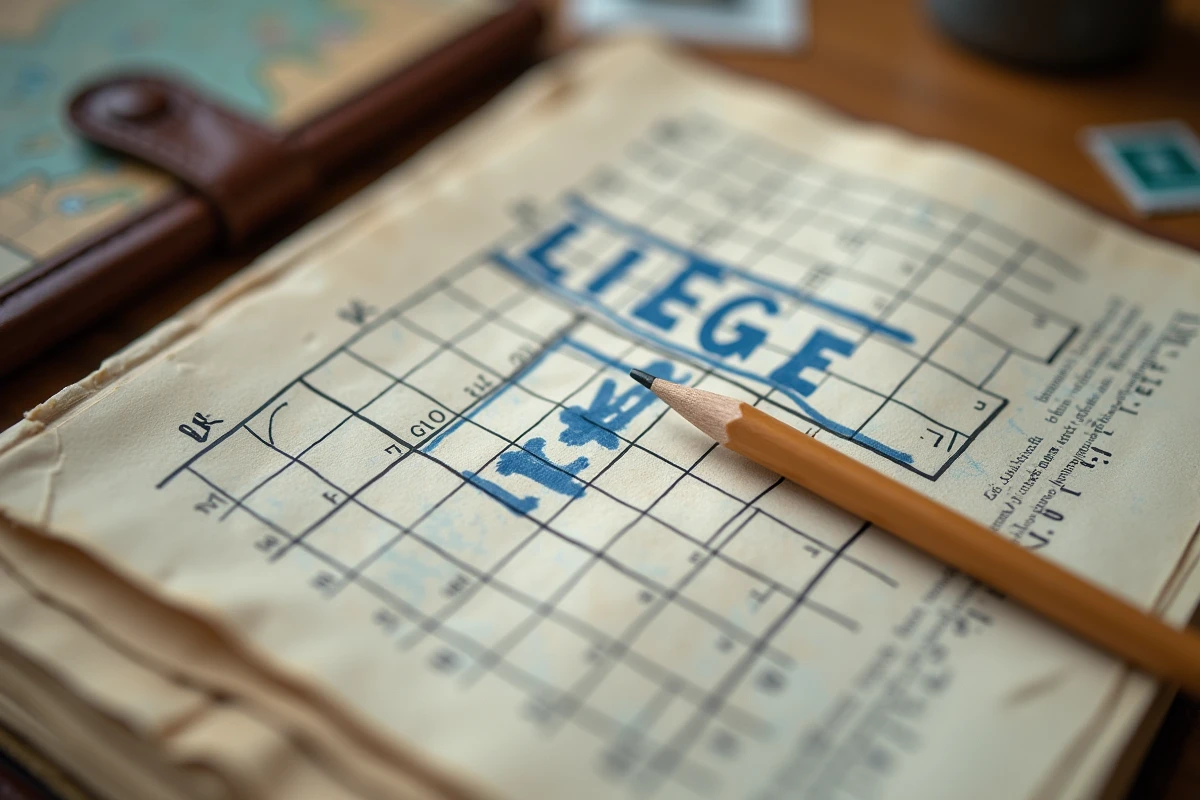 Gros plan d'une grille de mots croisés en français avec le mot Liège écrit en six lettres sur du papier journal légèrement jauni