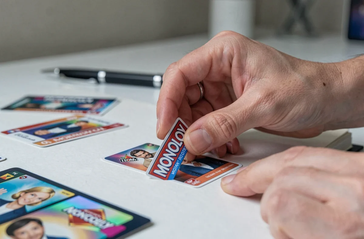Gros plan sur des mains collant un sticker holographique rare dans un album collector Monopoly Tycoon Club