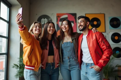 Groupe d'amis jeunes avec cheveux color&eacute;s en selfie urbain