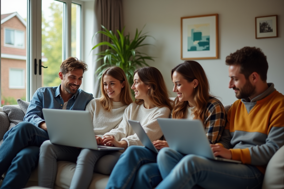 Cinq personnes assises sur un canapé dans un salon lumineux et convivial