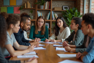 Groupe de personnes discutant dans un centre communautaire