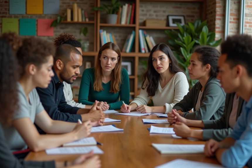 Groupe de personnes discutant dans un centre communautaire