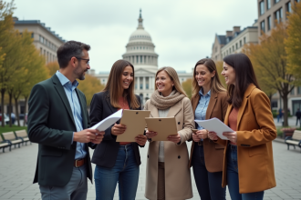 Groupe divers d'adultes dans une place urbaine