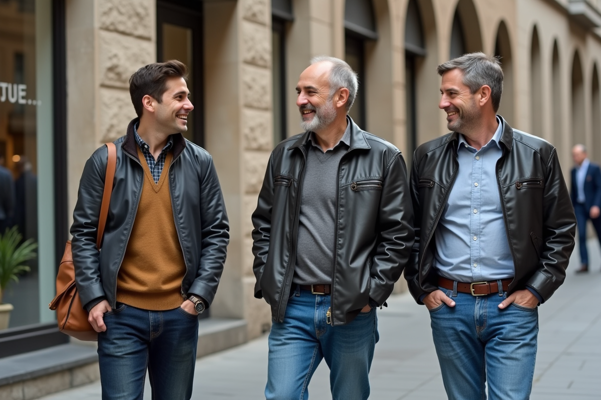 Trois hommes discutant et riant dans la rue urbaine