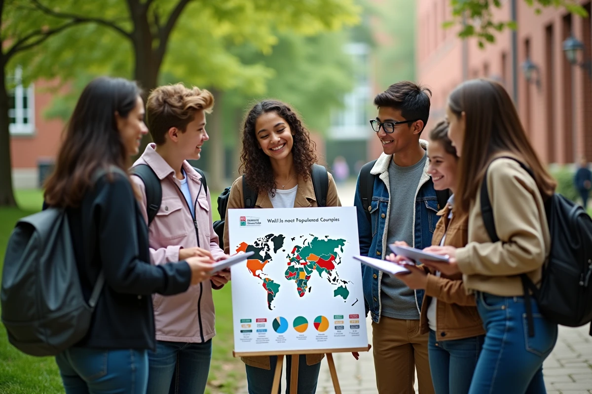 Groupe de lyc&eacute;ens discutant autour d une infographie