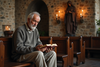 Homme aîné en prière dans une chapelle rustique
