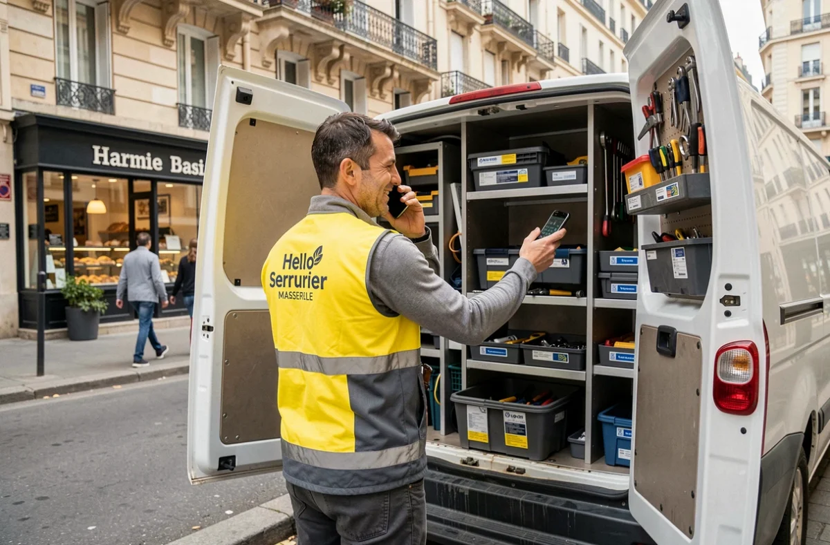 Serrurier de Hello Serrurier Marseille au téléphone près de son van de service garé dans une rue marseillaise