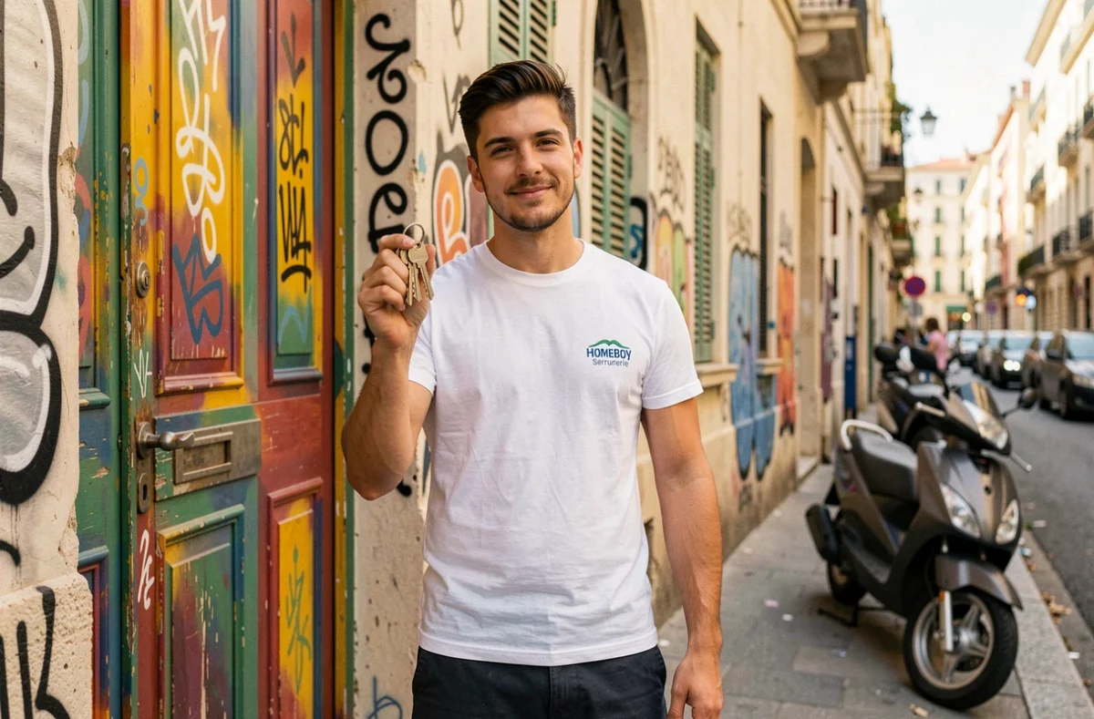 Serrurier de Homeboy Serrurerie tenant des clés devant une porte colorée dans un quartier animé de Marseille