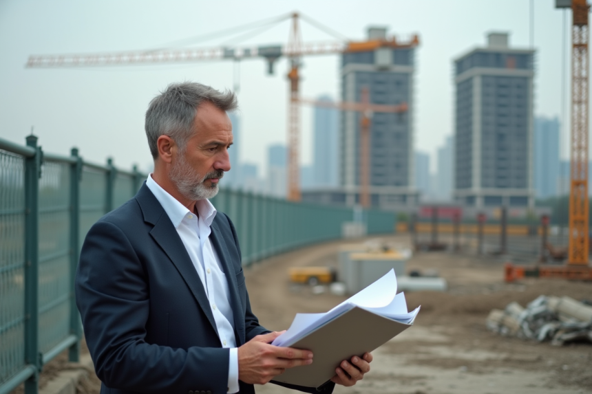 Homme d affaires regardant des documents sur un chantier urbain